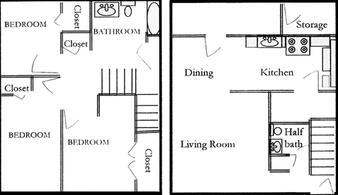 Floor plan for 3 beds, 1.5 baths, 1096 sqft